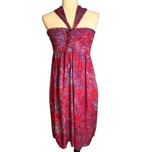 Hula Hula Red Blue Strapless‎ Halter Dress Tie Neck O/S Made in Hawaii Tropical
